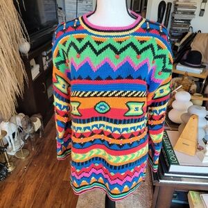 Bravo Handknit Vintage 1990s Knitted Acrylic Multicolor Abstract Sweater